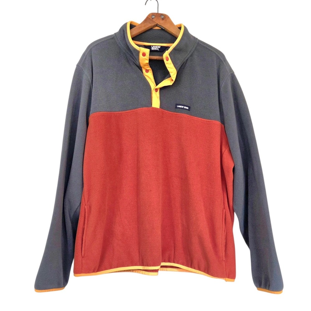 Lands End Fleece 1/4 Snap Pullover Orange Gray Colorblock Men's XXL Vintage 1991
